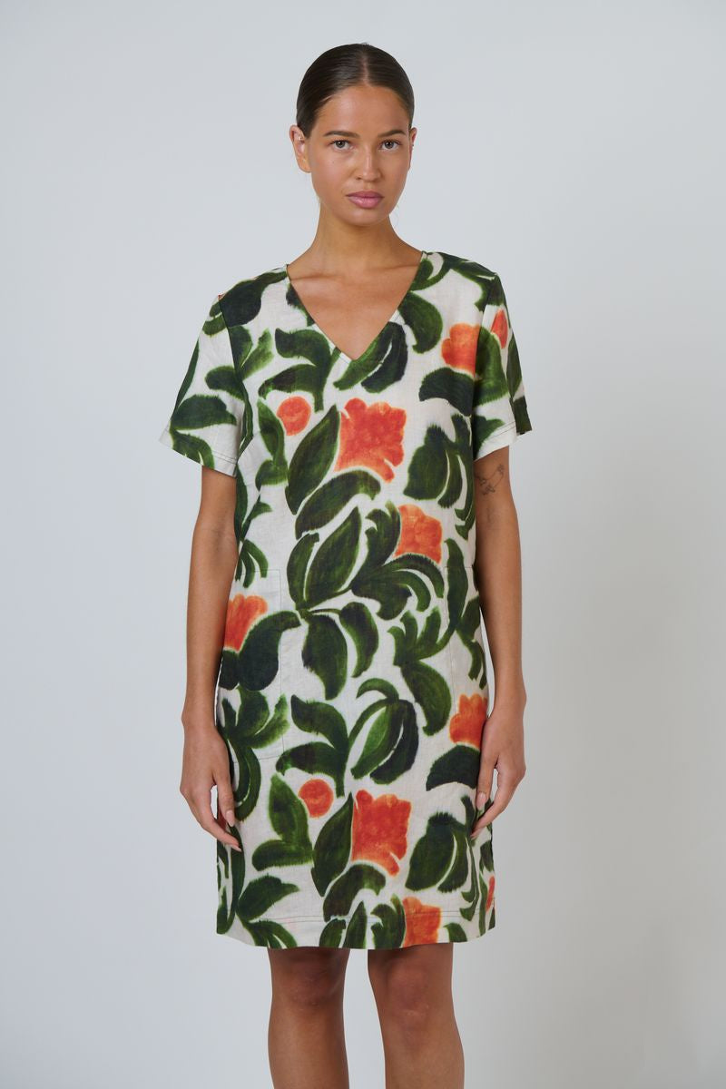 Naturals by O&J GA702 - Linen Knee-Length V-Neck Dress Tuileries Print | Women's Clothing | Gretel Lane