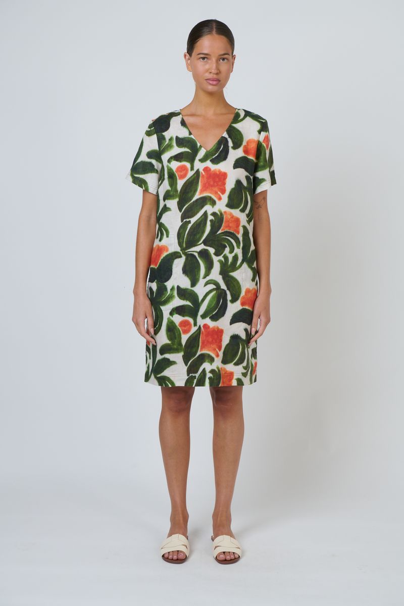Naturals by O&J GA702 - Linen Knee-Length V-Neck Dress Tuileries Print | Women's Clothing | Gretel Lane