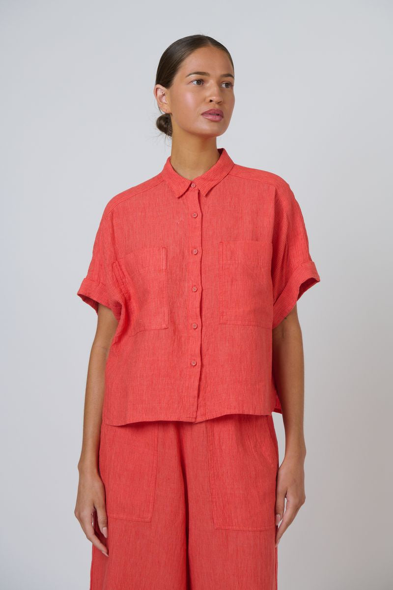 Naturals by O&J GA723 - Linen Short Sleeve Button Through Top Sunset Stripe | Women's Clothing | Gretel Lane