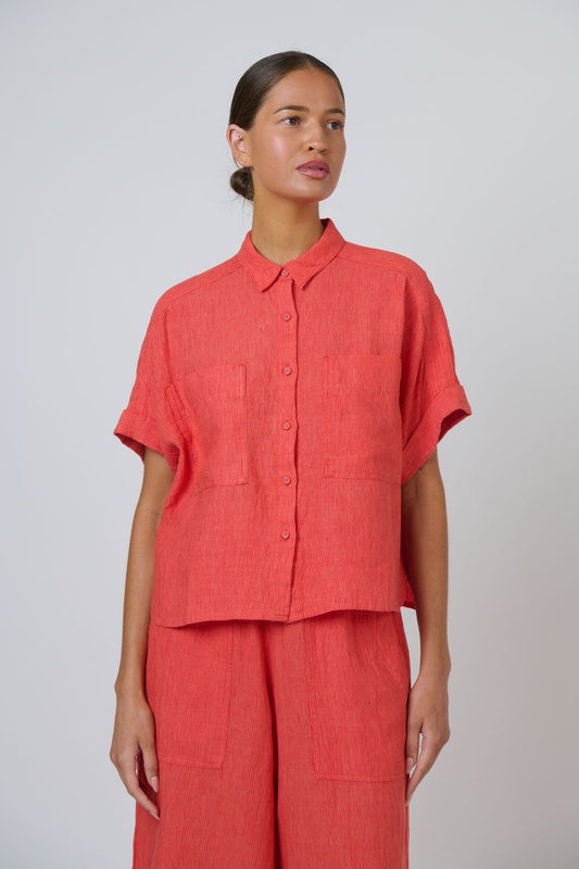 Naturals by O&J GA723 - Linen Short Sleeve Button Through Top Sunset Stripe | Women's Clothing | Gretel Lane