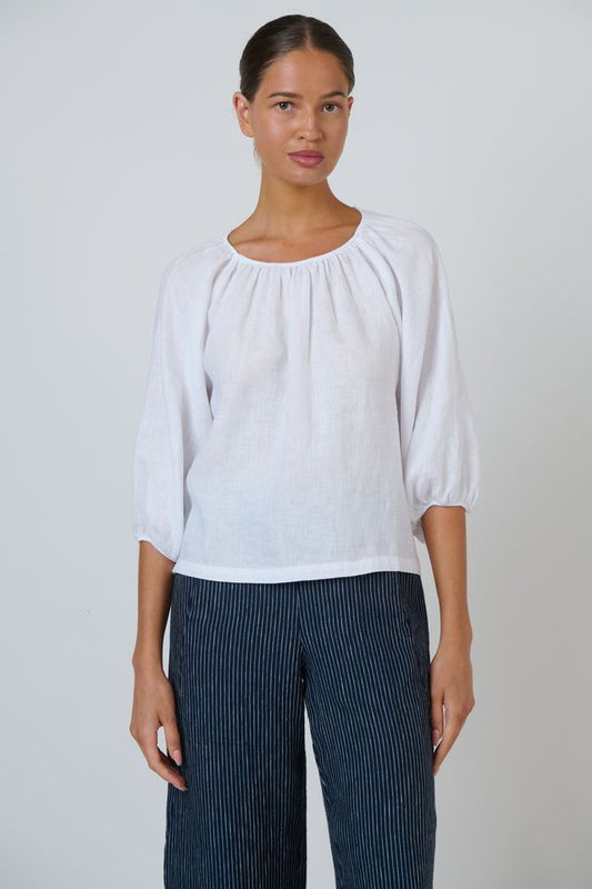 Naturals GA727 Women's Linen Ballon Sleeve Blouse White | Women's Clothing | Gretel Lane