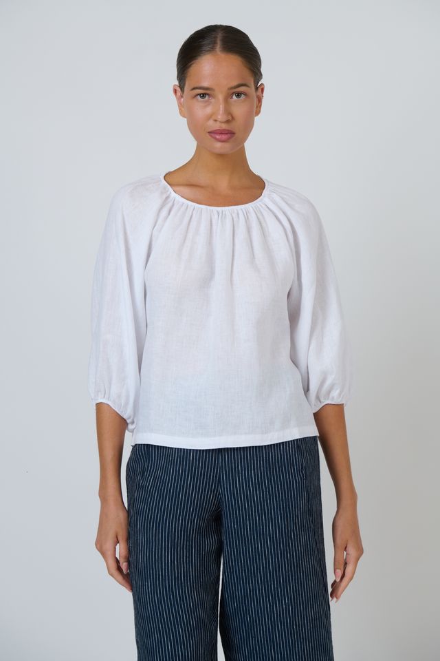 Naturals GA727 Women's Linen Ballon Sleeve Blouse White | Women's Clothing | Gretel Lane