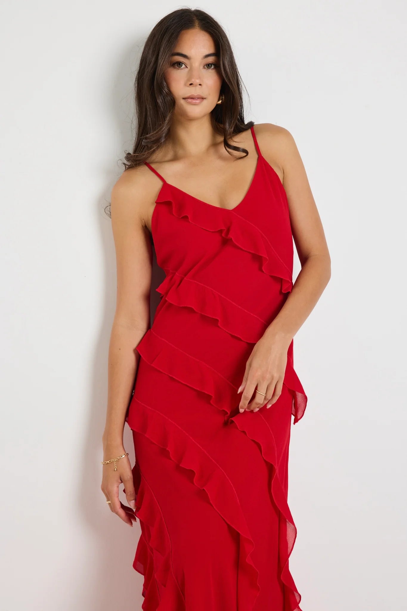 Galore Bias Ruffle Slip Maxi Dress (Flame)