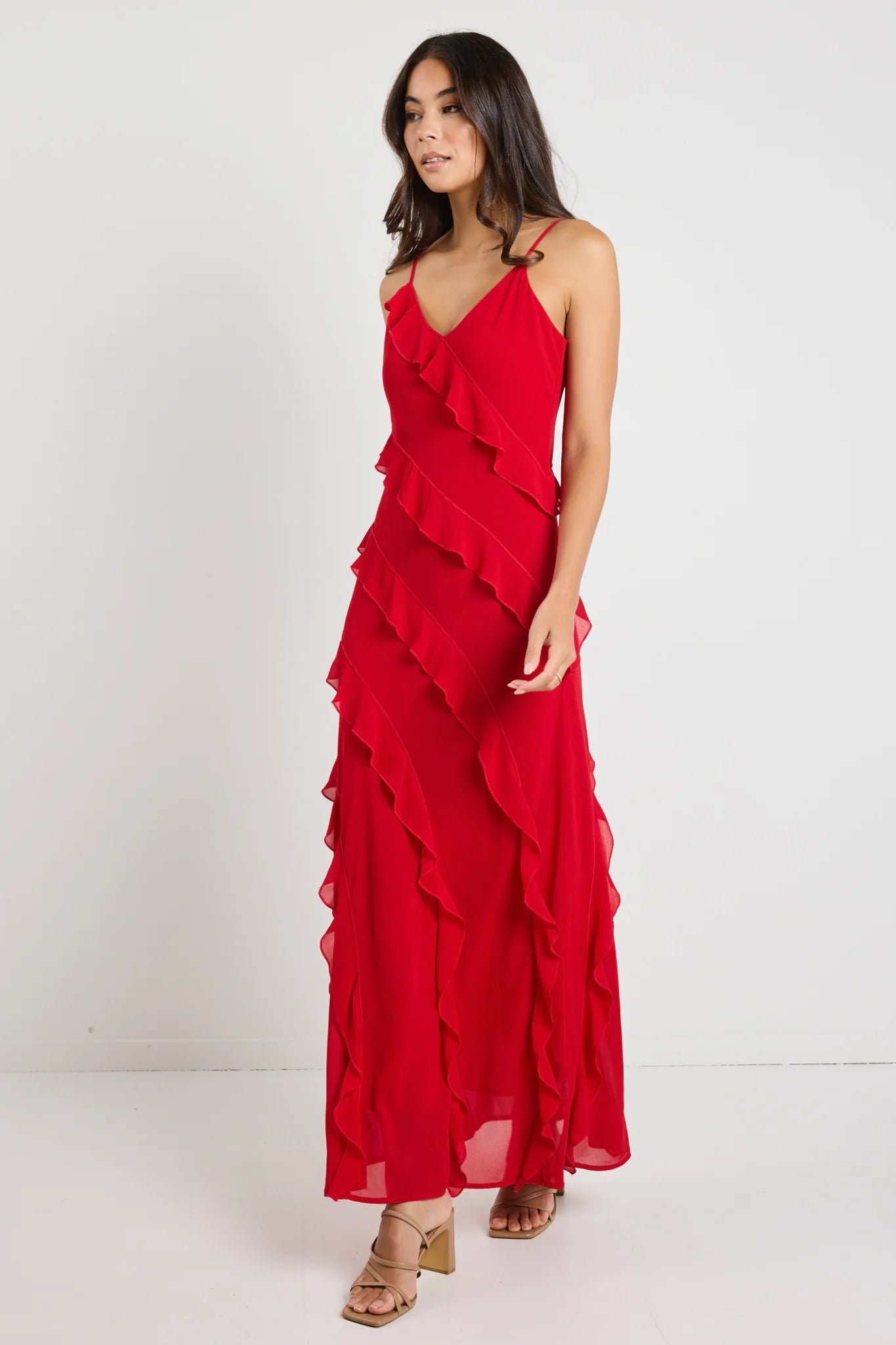 Galore Bias Ruffle Slip Maxi Dress (Flame)