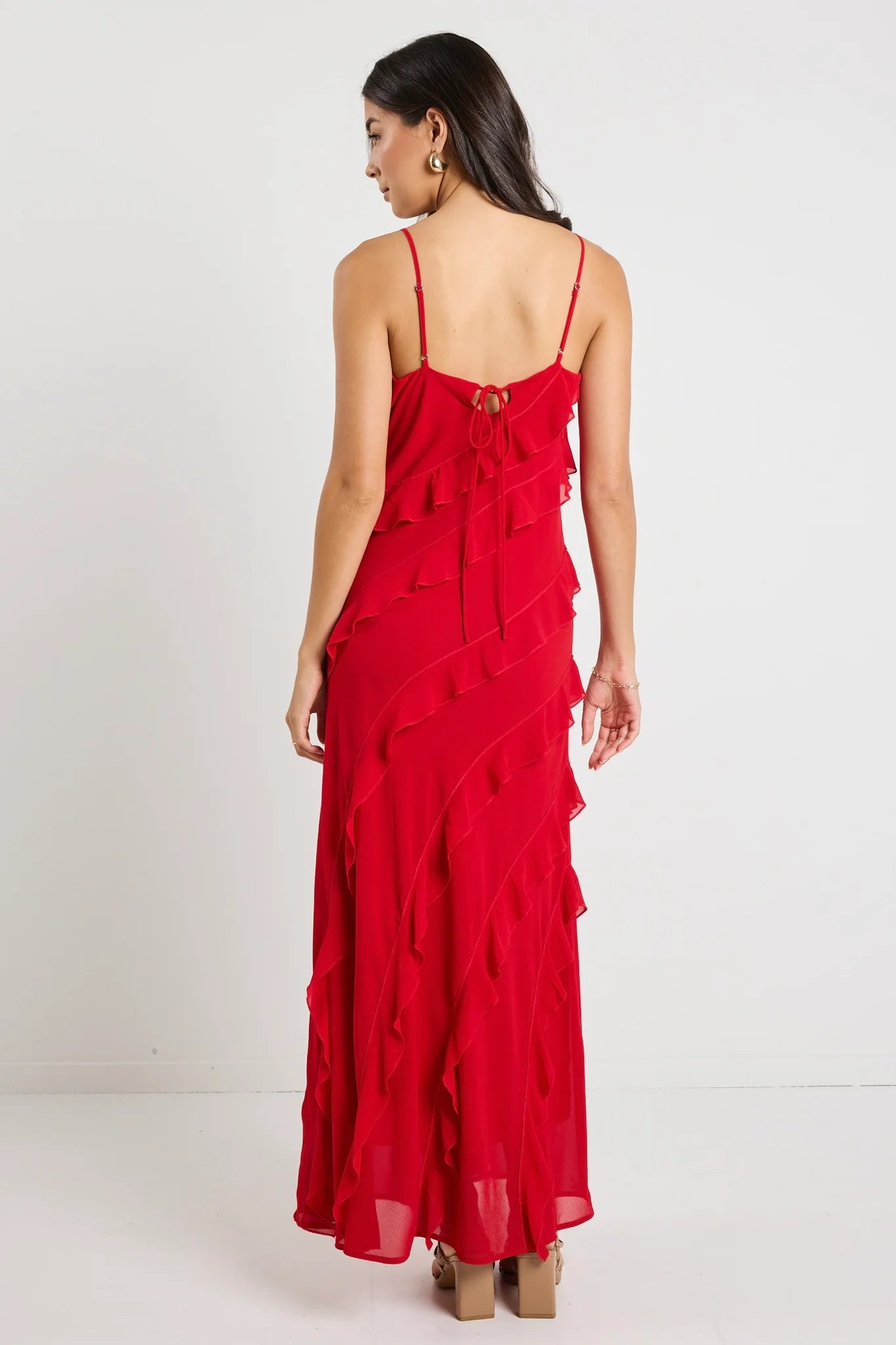 Galore Bias Ruffle Slip Maxi Dress (Flame)