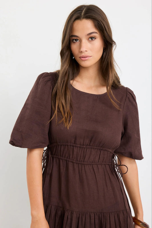 Glory Puff Sleeve Midi Dress (Chocolate)