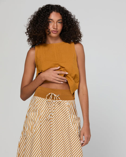 Boom Shankar Guru Cotton-Linen Blend 3/4 Skirt Mustard Stripe | Women's Skirts | Gretel Lane