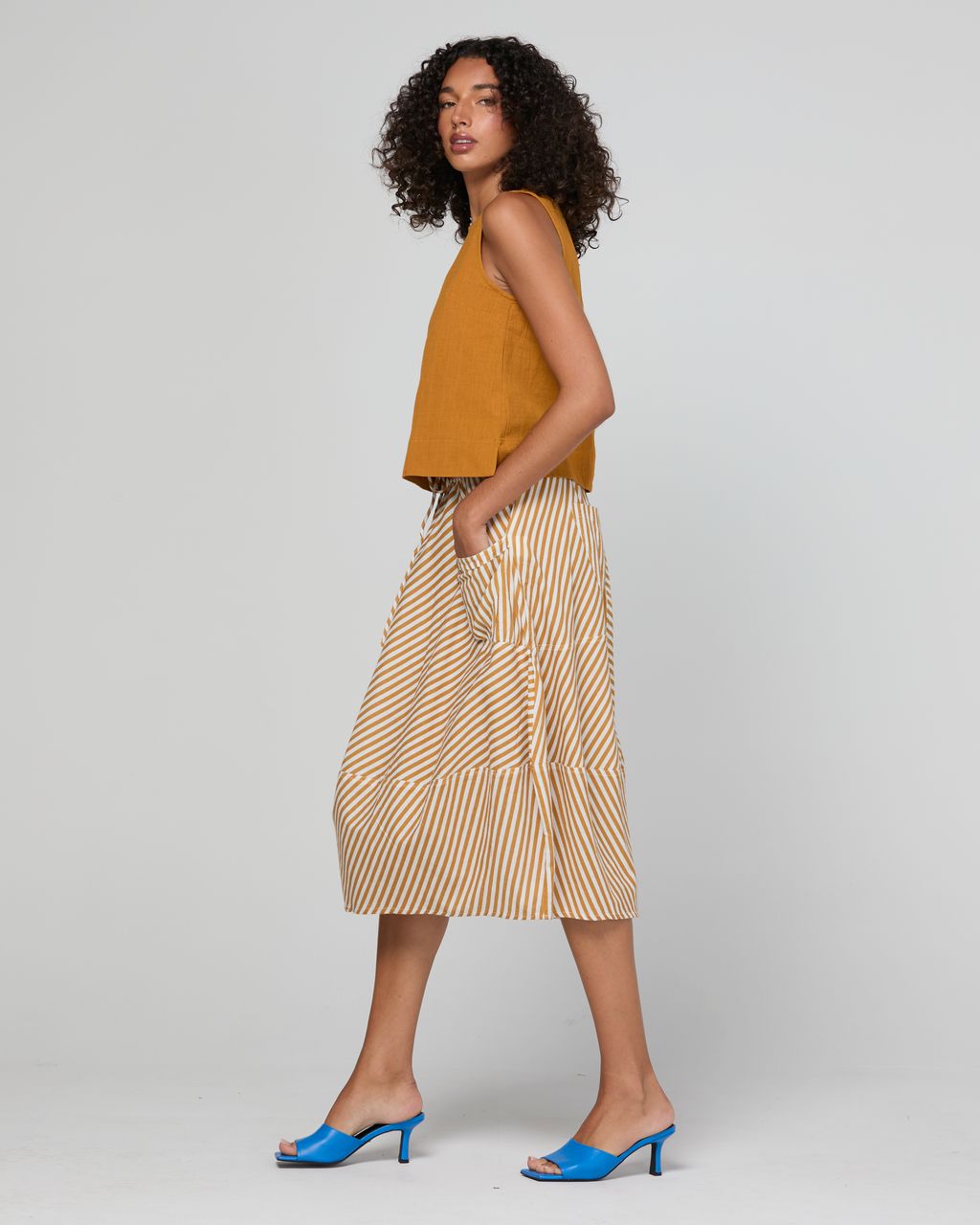 Boom Shankar Guru Cotton-Linen Blend 3/4 Skirt Mustard Stripe | Women's Skirts | Gretel Lane