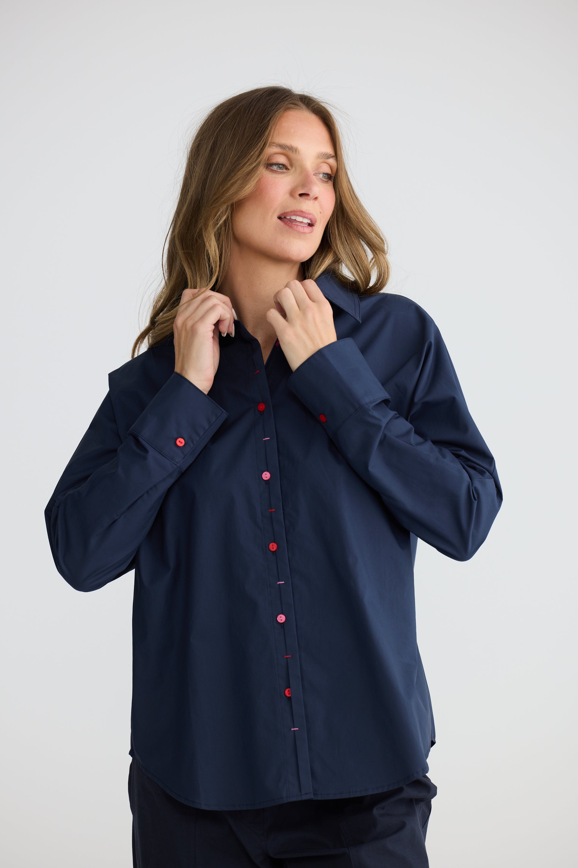 Holiday Fae Cotton Button Through Shirt in Navy | Women's Shirts | Gretel Lane