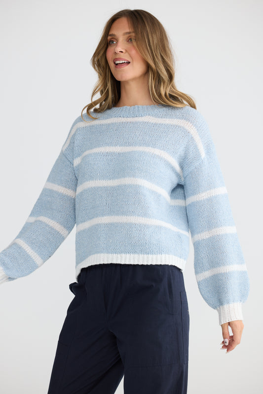 Holiday Bay Wide Stripe Knit Jumper in Blue Stripe | Women's Jumpers | Gretel Lane