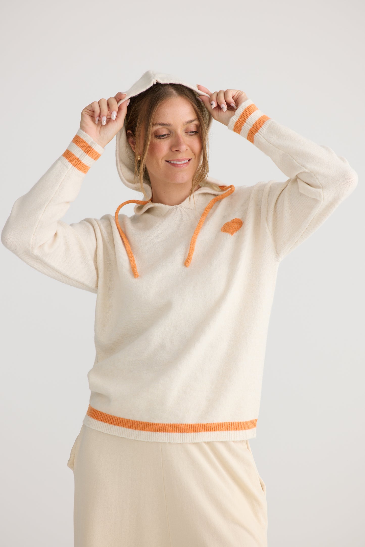 Home Love Bold Hearts Knit Hoodie in Off White with Orange | Women's Clothing | Gretel Lane