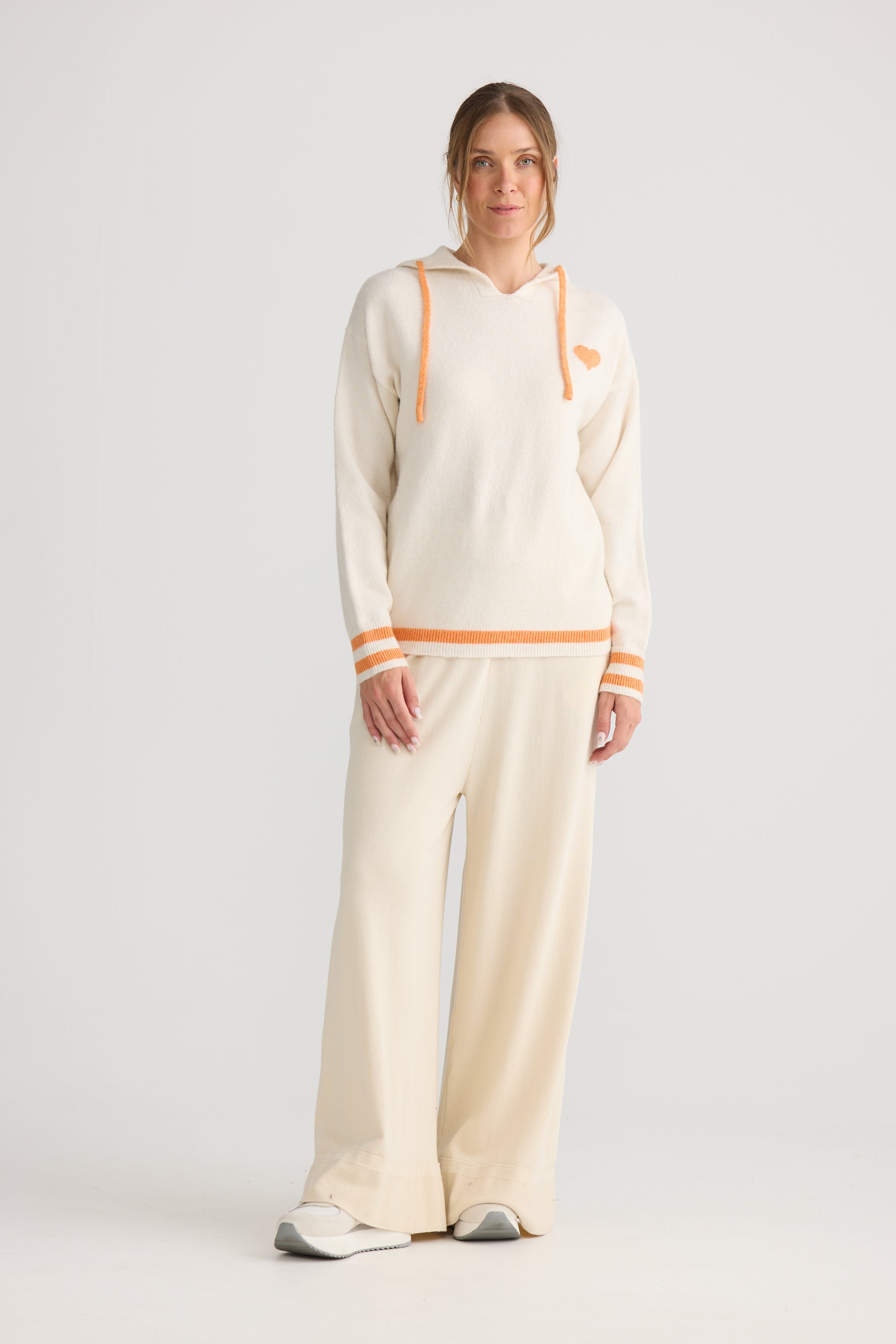 Home Love Bold Hearts Knit Hoodie in Off White with Orange | Women's Clothing | Gretel Lane