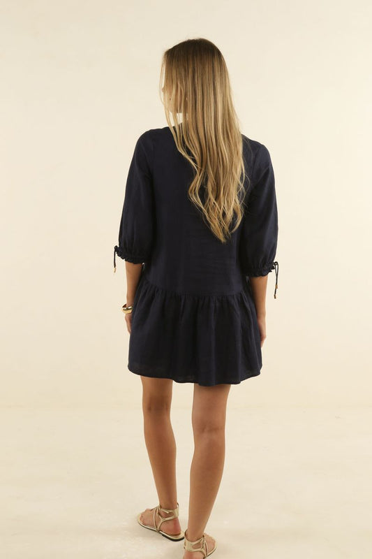 Humidity Lifestyle Hazel Pintuck Detail 3/4 Sleeve Smock Dress Navy Linen | Women's Clothing | Gretel Lane