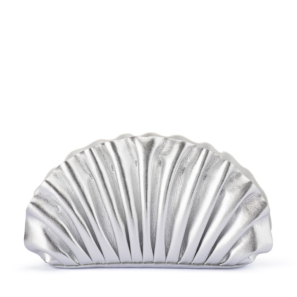 Hollie Silver Vegan Leather Pleated Shell Shaped Clutch Bag | Gretel Lane