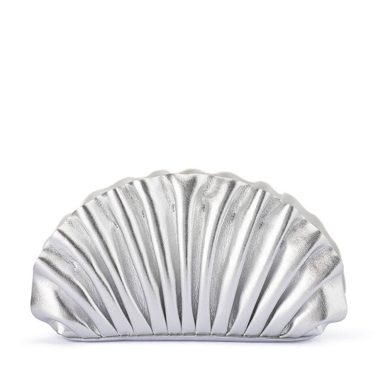 Hollie Silver Vegan Leather Pleated Shell Shaped Clutch Bag | Gretel Lane