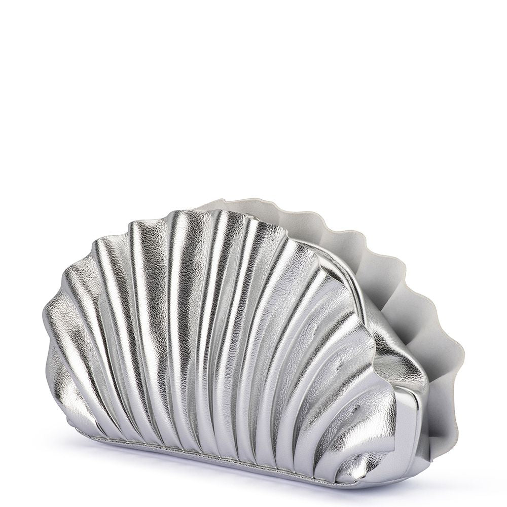 Hollie Silver Vegan Leather Pleated Shell Shaped Clutch Bag | Gretel Lane