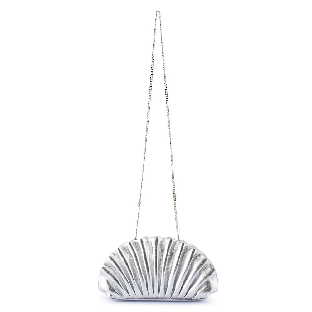 Hollie Silver Vegan Leather Pleated Shell Shaped Clutch Bag | Gretel Lane