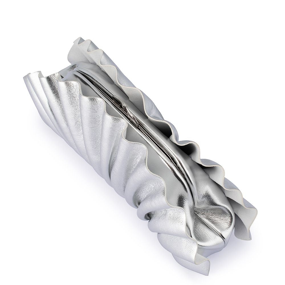 Hollie Silver Vegan Leather Pleated Shell Shaped Clutch Bag | Gretel Lane