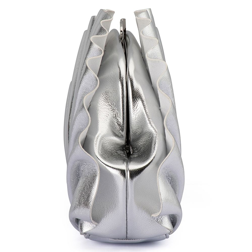 Hollie Silver Vegan Leather Pleated Shell Shaped Clutch Bag | Gretel Lane