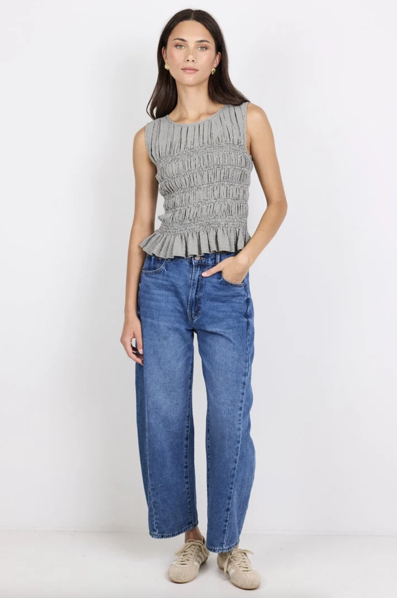 Among The Brave Impulsive Shirred Sleeveless Top Khaki Mini Gingham | Women's Clothing | Gretel Lane