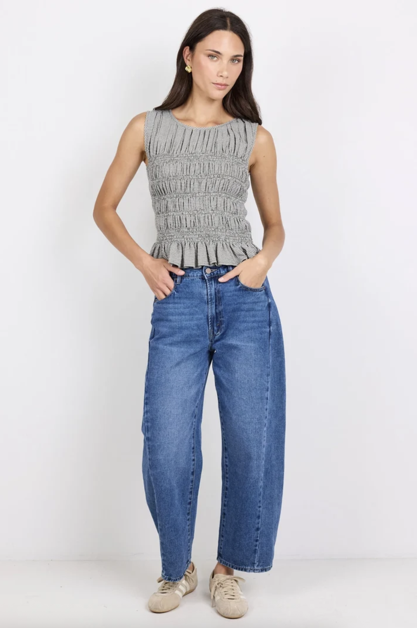 Among The Brave Impulsive Shirred Sleeveless Top Khaki Mini Gingham | Women's Clothing | Gretel Lane