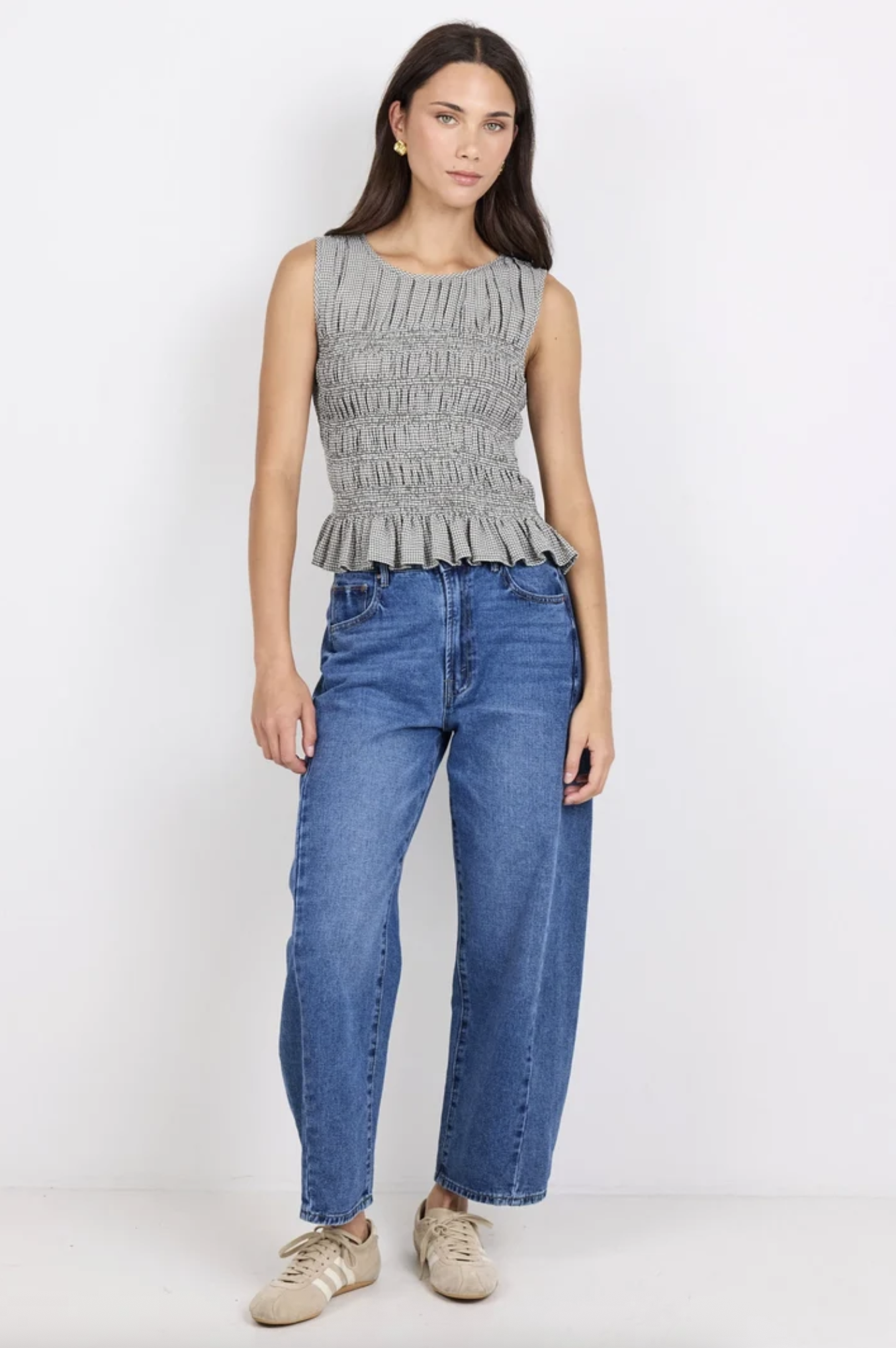 Among The Brave Impulsive Shirred Sleeveless Top Khaki Mini Gingham | Women's Clothing | Gretel Lane