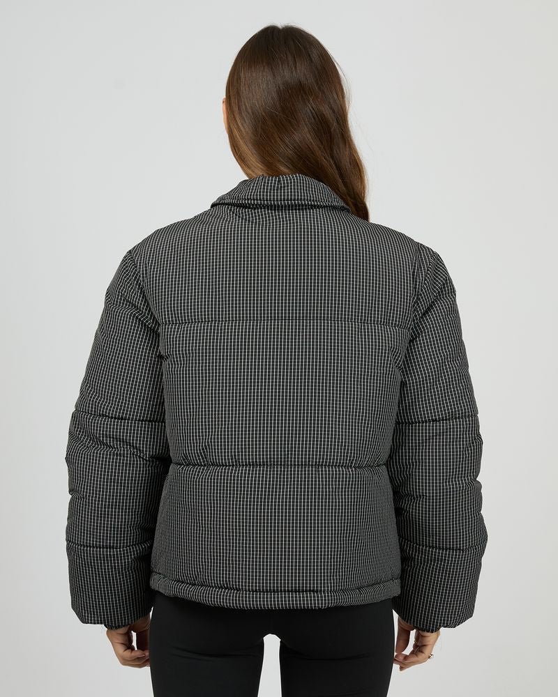 In Check Puffer Jacket in Black and White Check