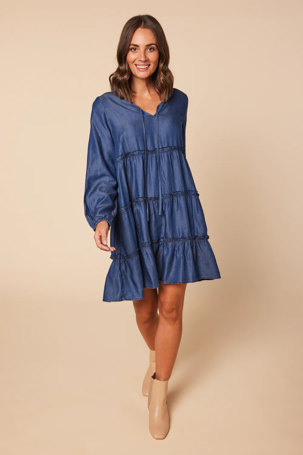 Ingrid Tiered Tencel Dress (Mid Wash)