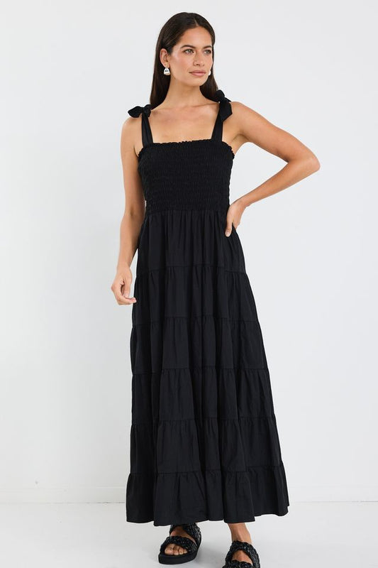 Isabella Strappy Tiered Maxi Dress (Black Cotton Poplin)