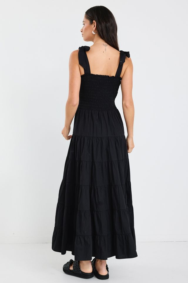 Isabella Strappy Tiered Maxi Dress (Black Cotton Poplin)