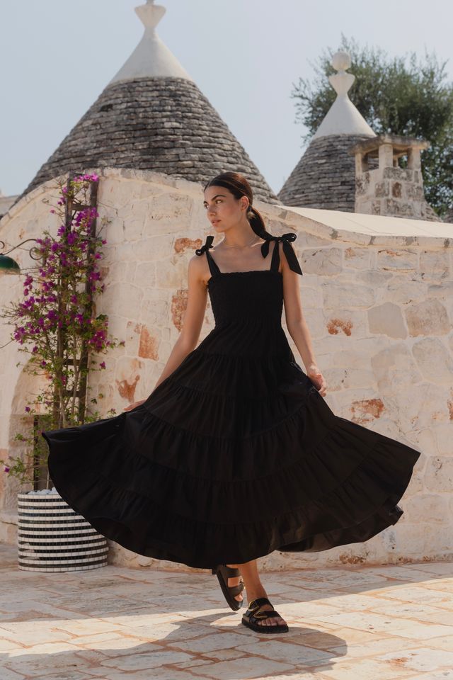 Isabella Strappy Tiered Maxi Dress (Black Cotton Poplin)
