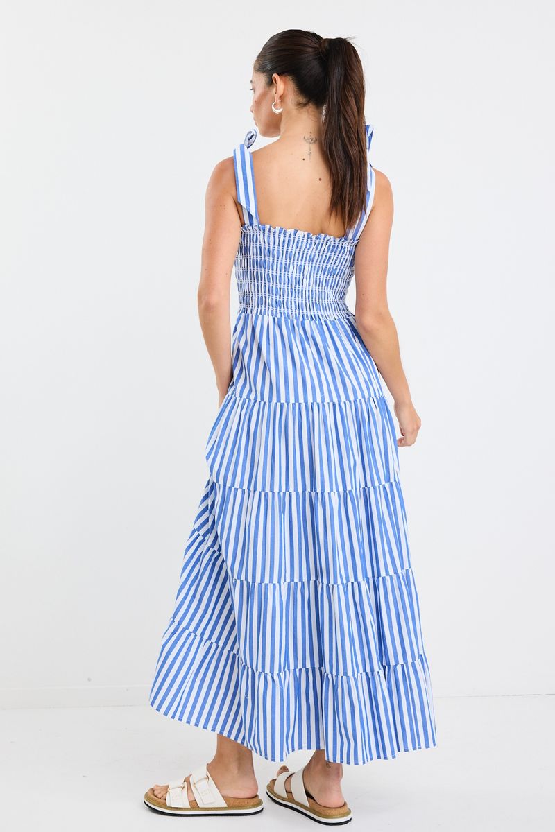 Isabella Strappy Tiered Maxi Dress (Bright Blue Stripe)