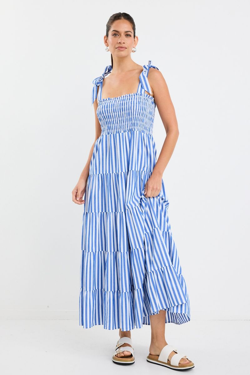 Isabella Strappy Tiered Maxi Dress (Bright Blue Stripe)