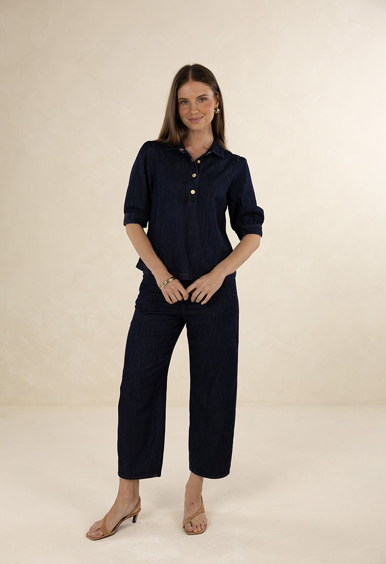 Humidity Ivy Denim 1/4 Button Shirt Dark Blue | Women's Clothing | Gretel Lane