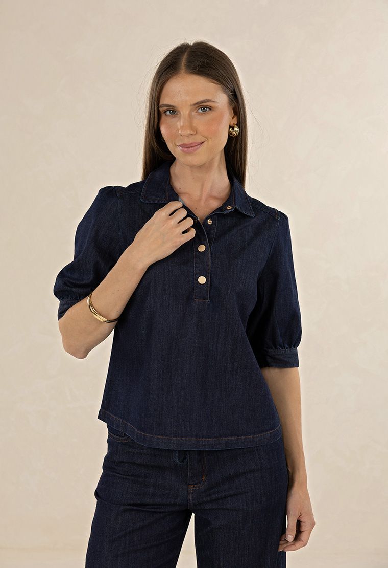 Humidity Ivy Denim 1/4 Button Shirt Dark Blue | Women's Clothing | Gretel Lane