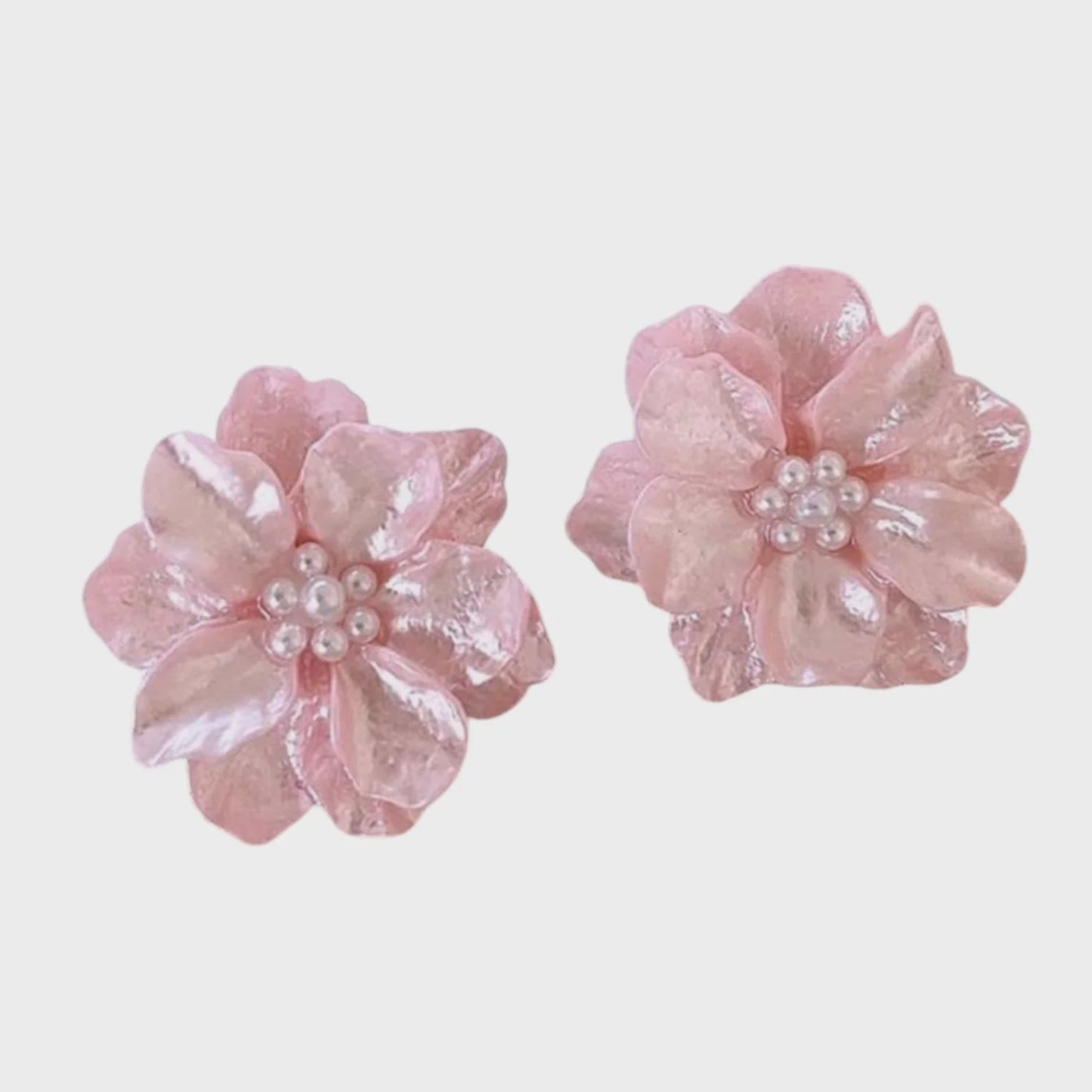 Katherine Carved Mother of Pearl Flower Studs (Pink)