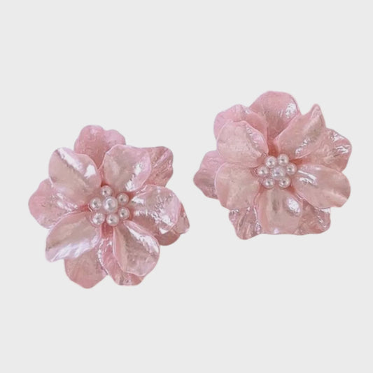 Katherine Carved Mother of Pearl Flower Studs (Pink)