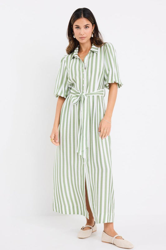 Kindred Puff Sleeve Midi Shirt Dress (Moss Stripe)