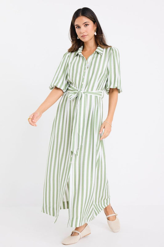 Kindred Puff Sleeve Midi Shirt Dress (Moss Stripe)
