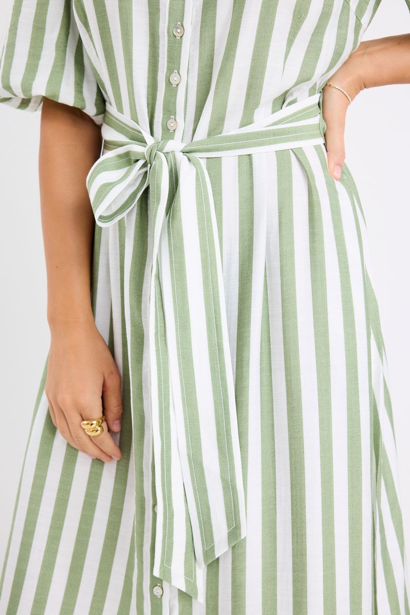 Kindred Puff Sleeve Midi Shirt Dress (Moss Stripe)