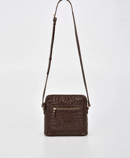 Cobb & Co Kingsley Small Shoulder Bag in Chocolate Croc Leather | Women's Handbag | Gretel Lane