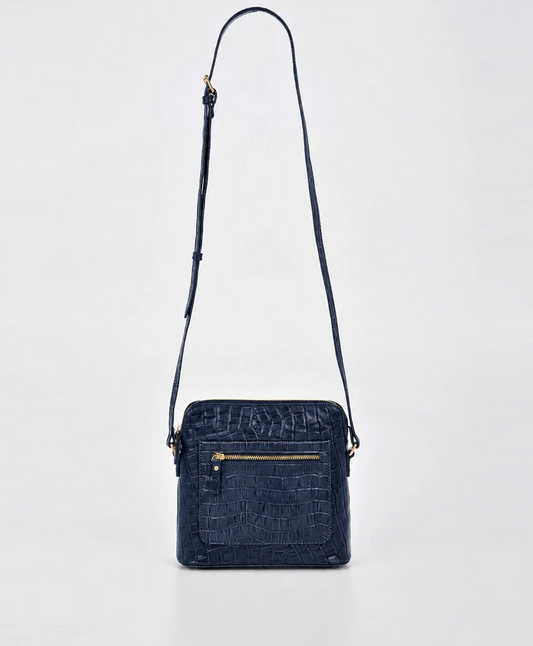 Cobb & Co Kingsley Small Leather Shoulder Bag in Navy Croc | Women's Handbags | Gretel Lane
