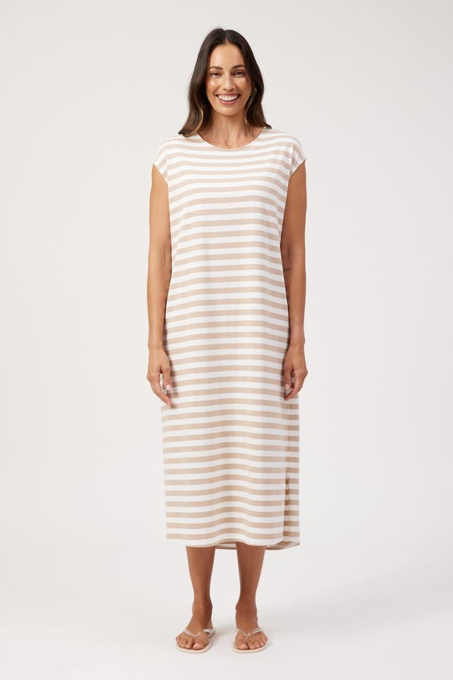 HAVEN Kos Cotton Stripe T-Shirt Midi Dress Sand | Women's Clothing | Gretel Lane