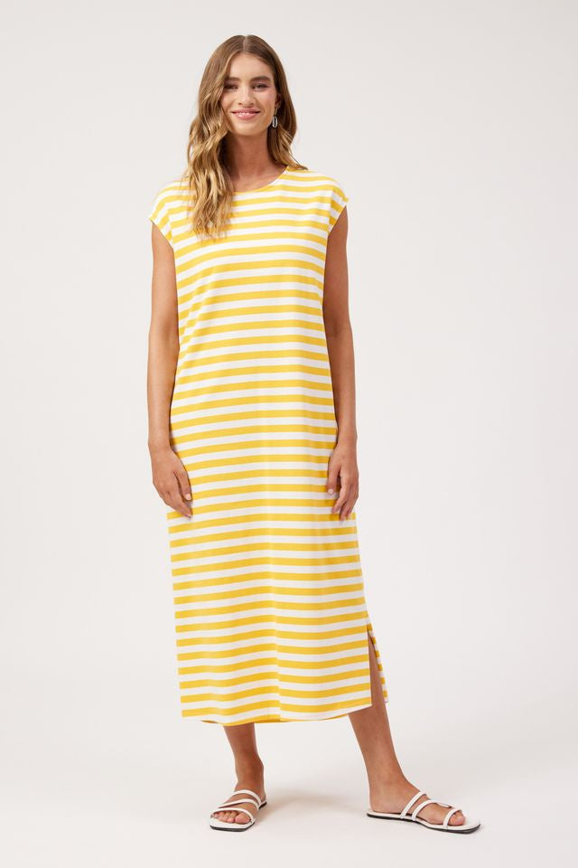 HAVEN Kos Cotton Stripe T-Shirt Midi Dress Yellow | Women's Clothing | Gretel Lane