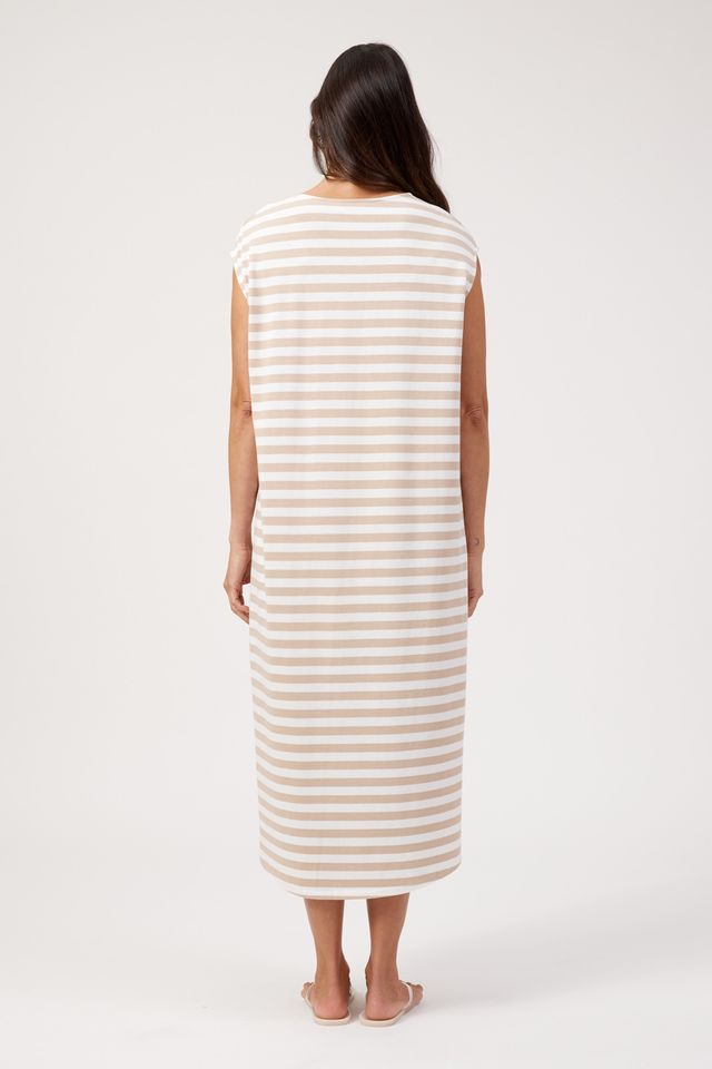 HAVEN Kos Cotton Stripe T-Shirt Midi Dress Sand | Women's Clothing | Gretel Lane