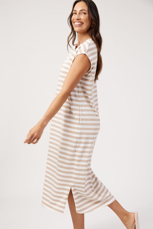 HAVEN Kos Cotton Stripe T-Shirt Midi Dress Sand | Women's Clothing | Gretel Lane