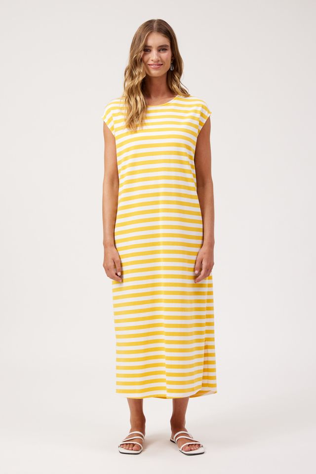 HAVEN Kos Cotton Stripe T-Shirt Midi Dress Yellow | Women's Clothing | Gretel Lane