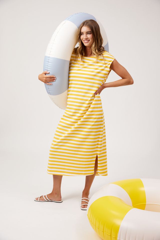 HAVEN Kos Cotton Stripe T-Shirt Midi Dress Yellow | Women's Clothing | Gretel Lane