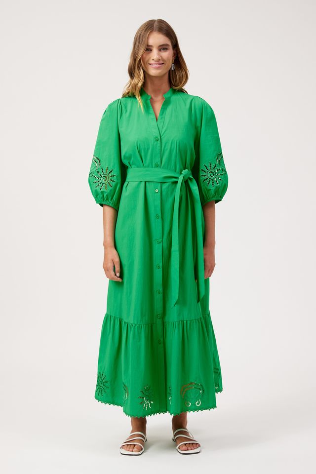 HAVEN Larissa Broderie Tiered Maxi Dress Green | Women's Clothing | Gretel Lane