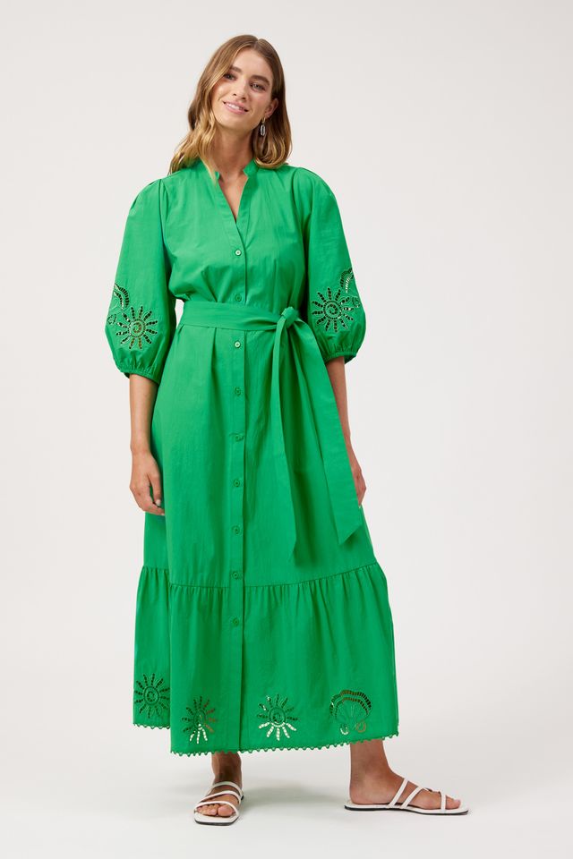 HAVEN Larissa Broderie Tiered Maxi Dress Green | Women's Clothing | Gretel Lane